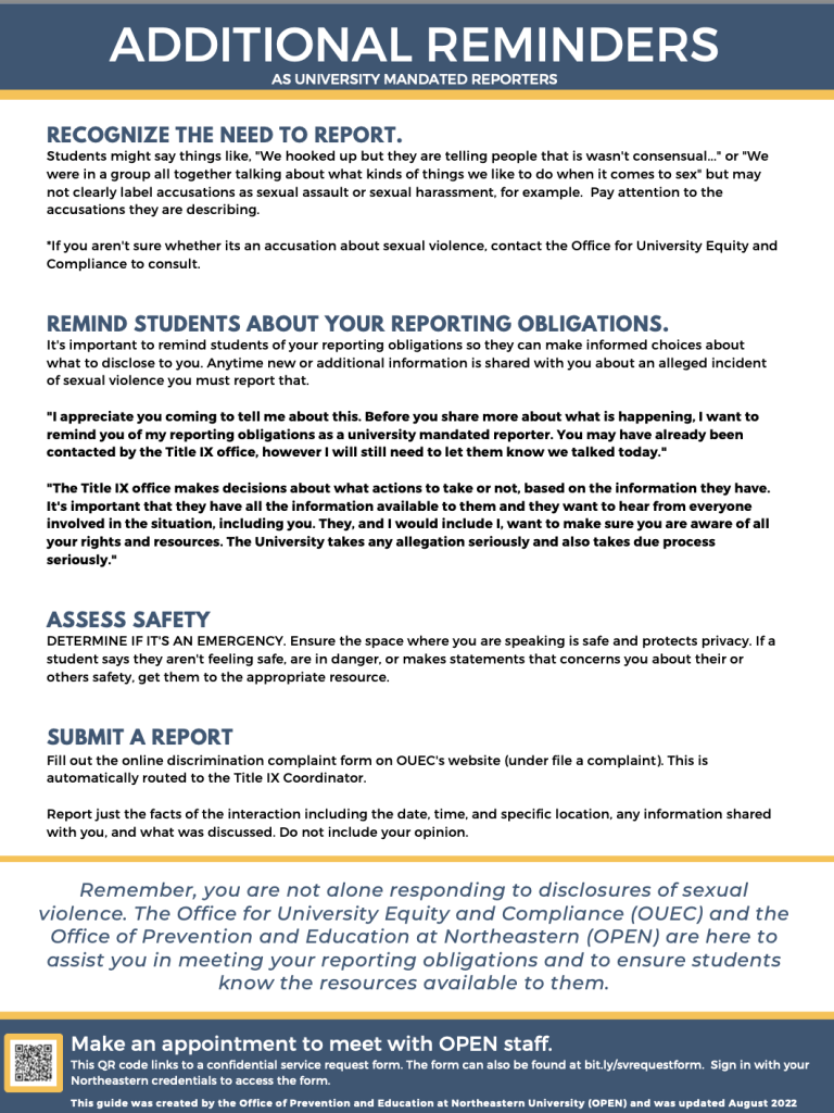 Additional reminders for the RESTORE model. Described on the Support for Mandatory University Reporters page.